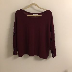 Maroon Open Back Floral Pace Sleeve Sweater Top